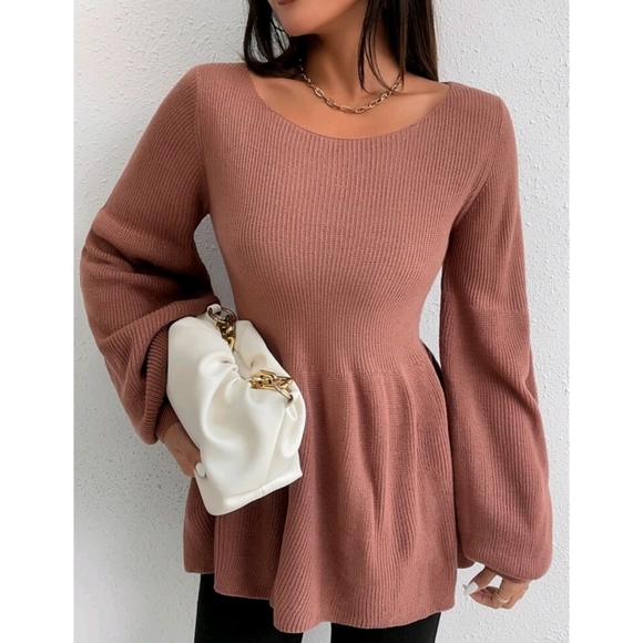Round neck Bishop Sleeve Ruffle Hem Sweater - Picture 6 of 10